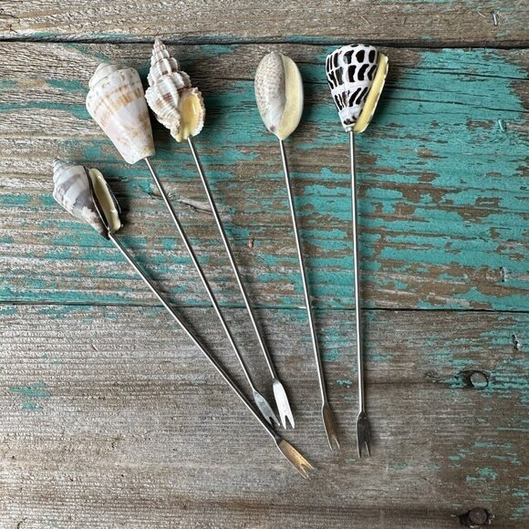 Woven Basket 3.25" Bottle Cradle Cork Holder 5 Cocktail Forks Seashells Beachy - Picture 12 of 12